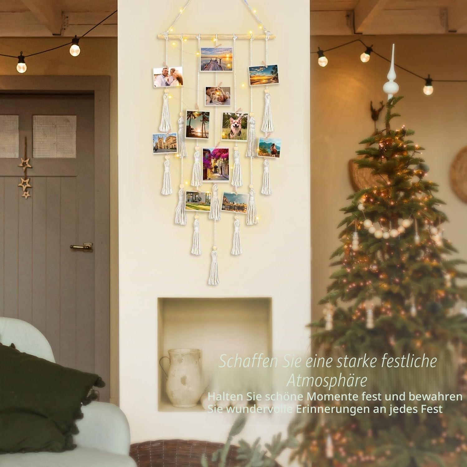 Fotos Aufhängen zum Aufhängen, Bildhalter mit 30 Clips für die Schlafzimmerwand, Organizer Foto Collage Wand Galerieaufhänger mit LED-Lichterkette, Raumdekoration, Geschenke für Mädchen (Weiß)