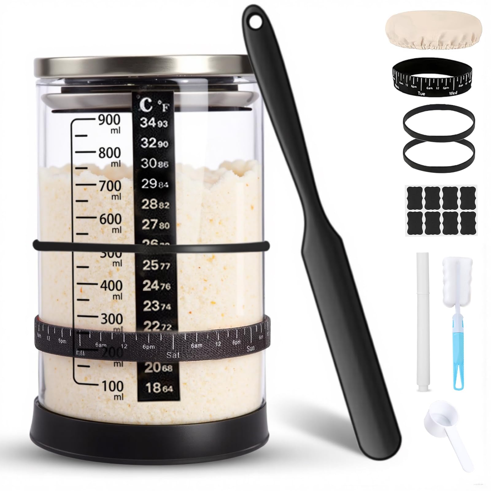 Tel Charme * Sauerteig Starter Jar Kit 1000ml Gärglas mit Spatel, Fermentierglas, Sauerteig Glas Jar, Sourdough Starter Kit, Anstellgut Glas Behälter, Reusable Brot Backen Zubehör