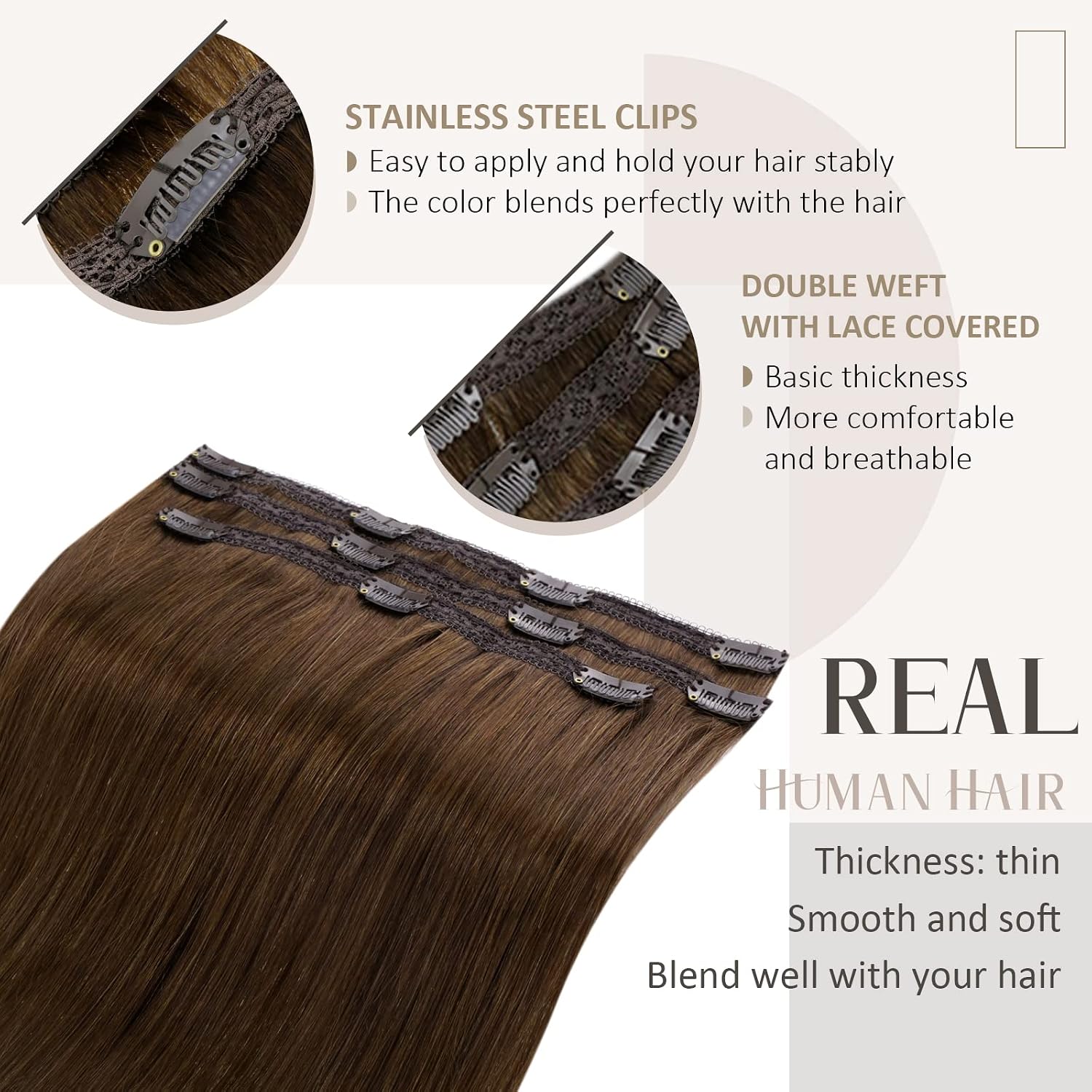 RUNATURE Clip in Hair Extensions Real Human Hair Brown 20 Inch Clip in Human Hair Extensions Remy Brown Clip in Extensions Human Hair Straight 50gram 3PCS - Image 5