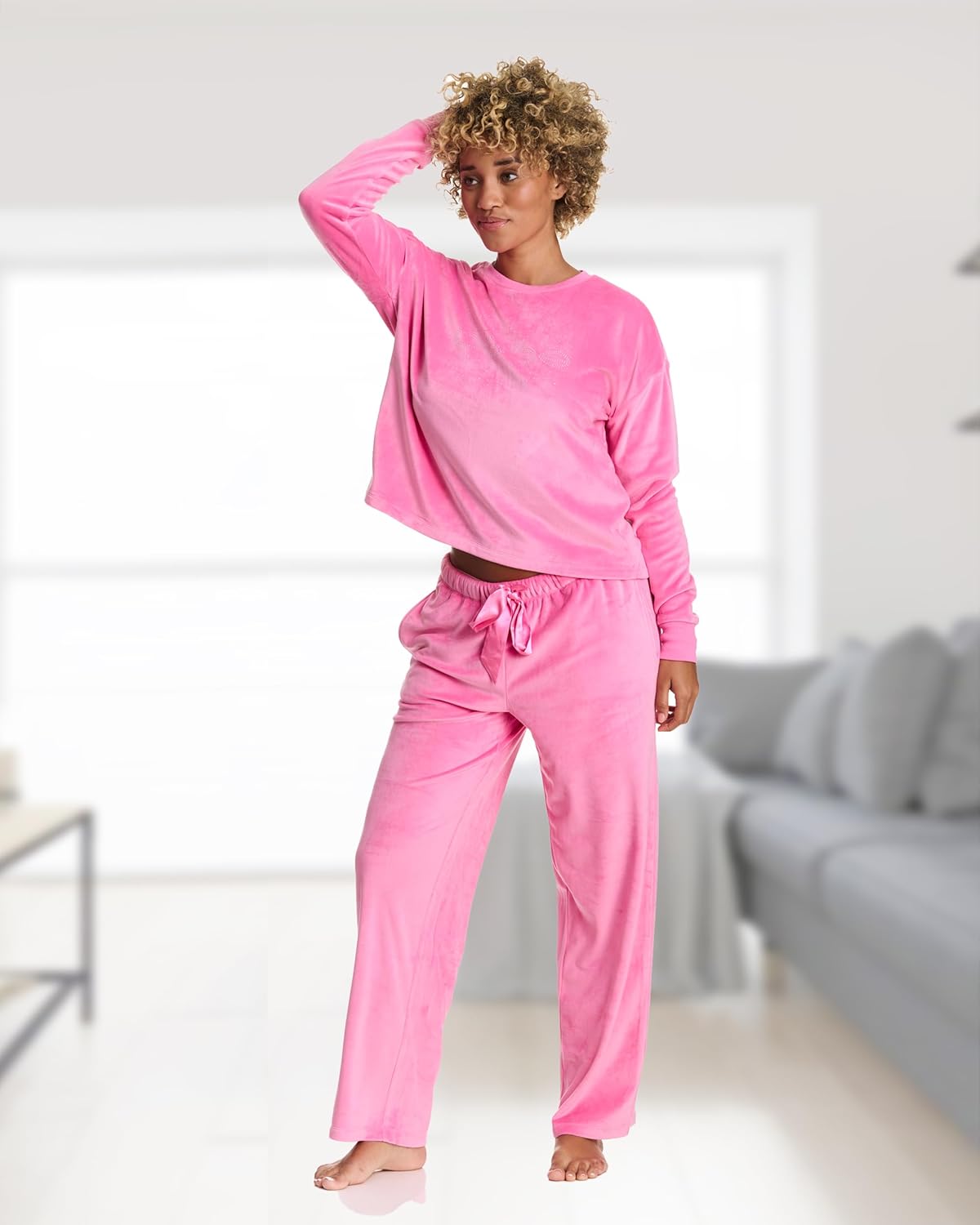 bebe Women's Velour Rhinestone Pajama Set, Long Sleeve Cozy Loungewear Valentines Gifts for Her - Image 5