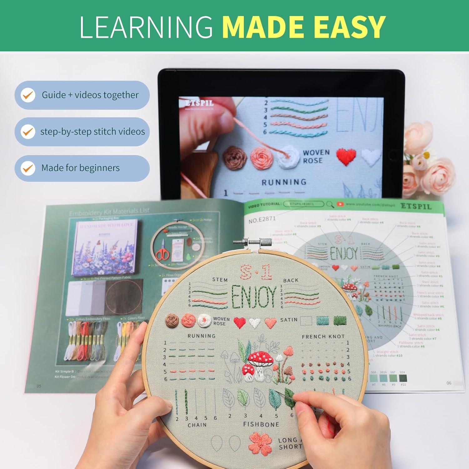 ETSPIL Embroidery Kit for Adult Beginners, 3-Pack 33-Stitch Practice Samplers, Pre-Stamped Patterns, 7.8-Inch Hoop, Threads & Needles, Step-by-Step Guide & Video, DIY Needlework Craft Gift for Women - Image 3