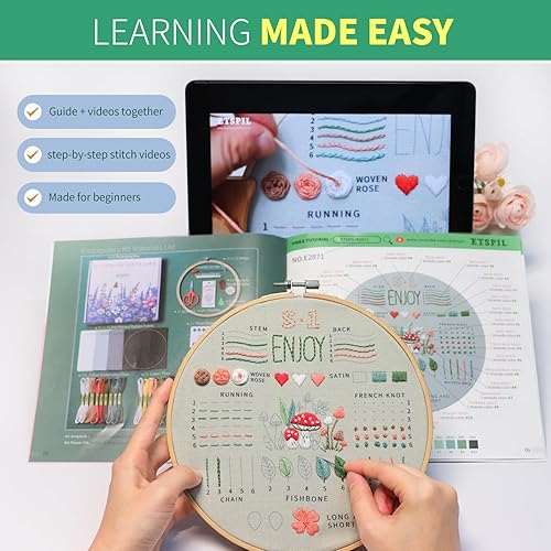 Vista 3 de ETSPIL Embroidery Kit for Adult Beginners, 3-Pack 33-Stitch Practice Samplers, Pre-Stamped Patterns, 7.8-Inch Hoop, Threads & Needles, Step-by-Step