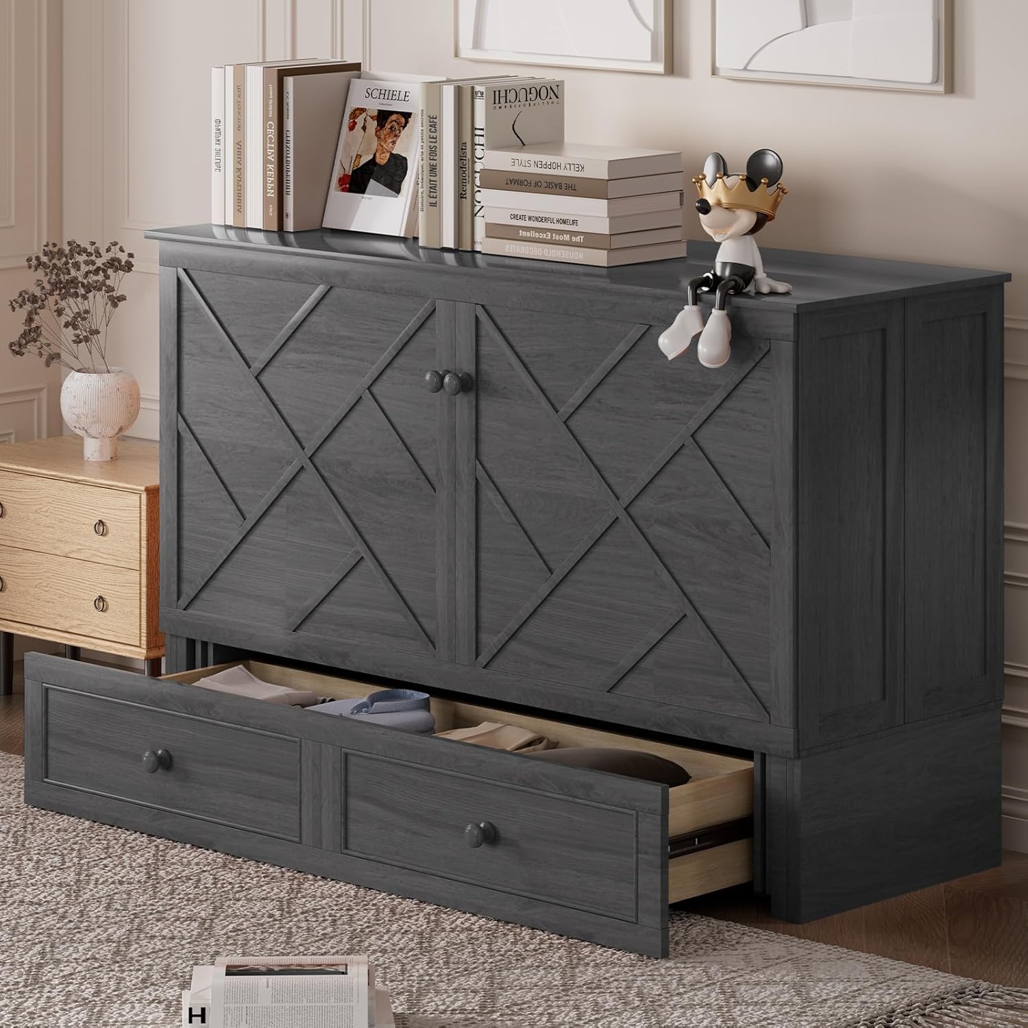 PUREMIND Multi-Functional 2-in-1 Murphy Cabinet Bed with Mattress Included, Queen Size Murphy Bed Chest Built-in Power Strip & Storage Drawer, Space-Saving Foldable Platform Beds