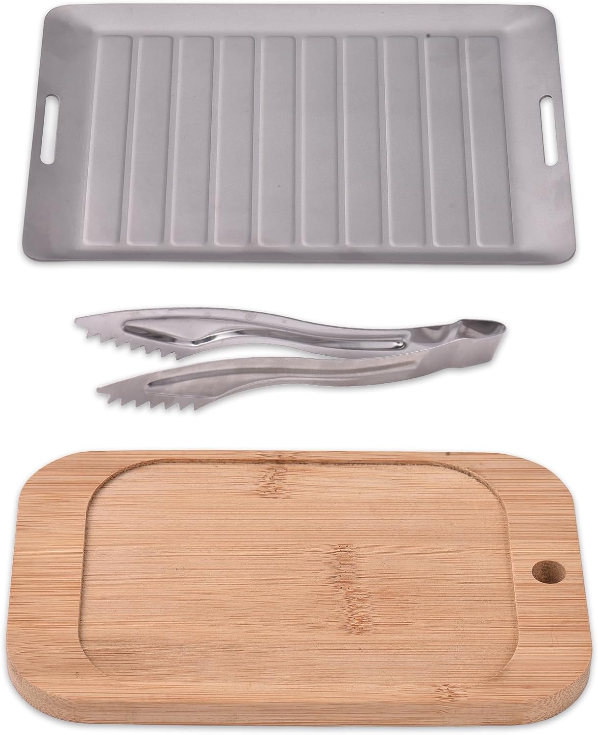 Prep and Serving Tray Set of 3, BBQ Tray with Tongs and Bamboo Cutting Board, Ti Grilling Trays Melamine Serving Trays for Food for 1 Person Camping and Home Grilling