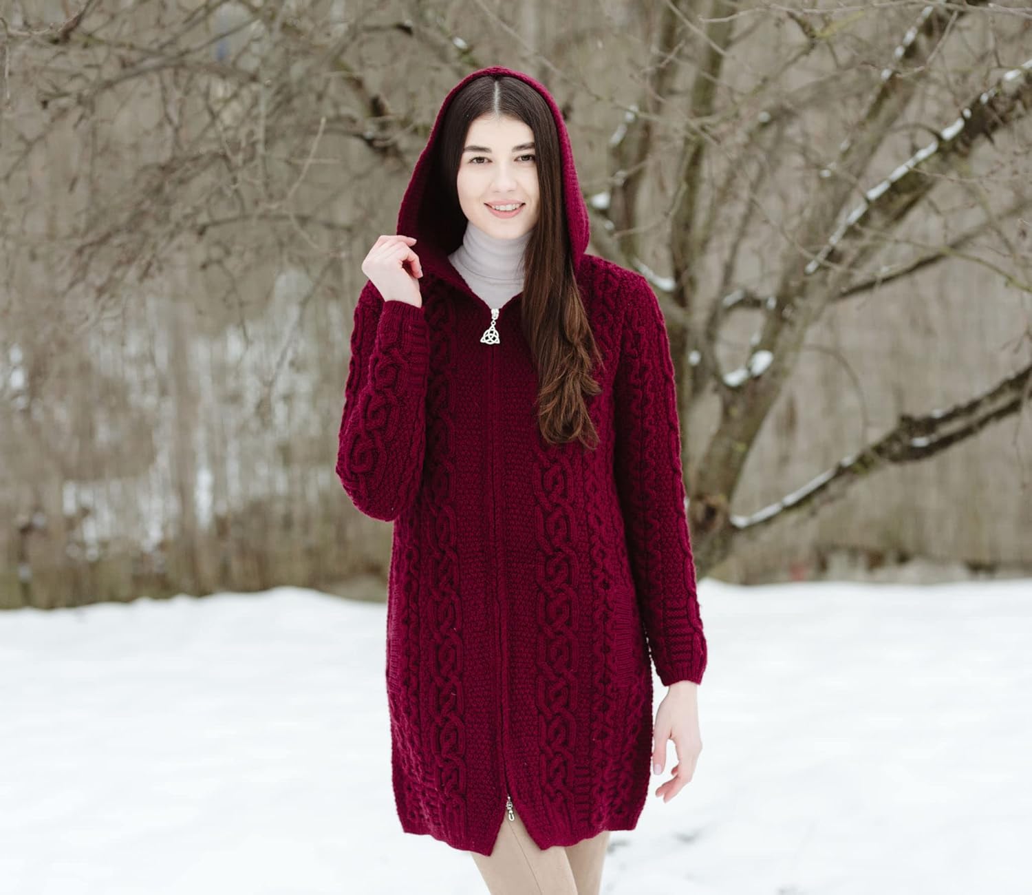 SAOL 100% Merino Wool Aran Irish Cardigan for Women with Pockets, Hood and Celtic Zipper