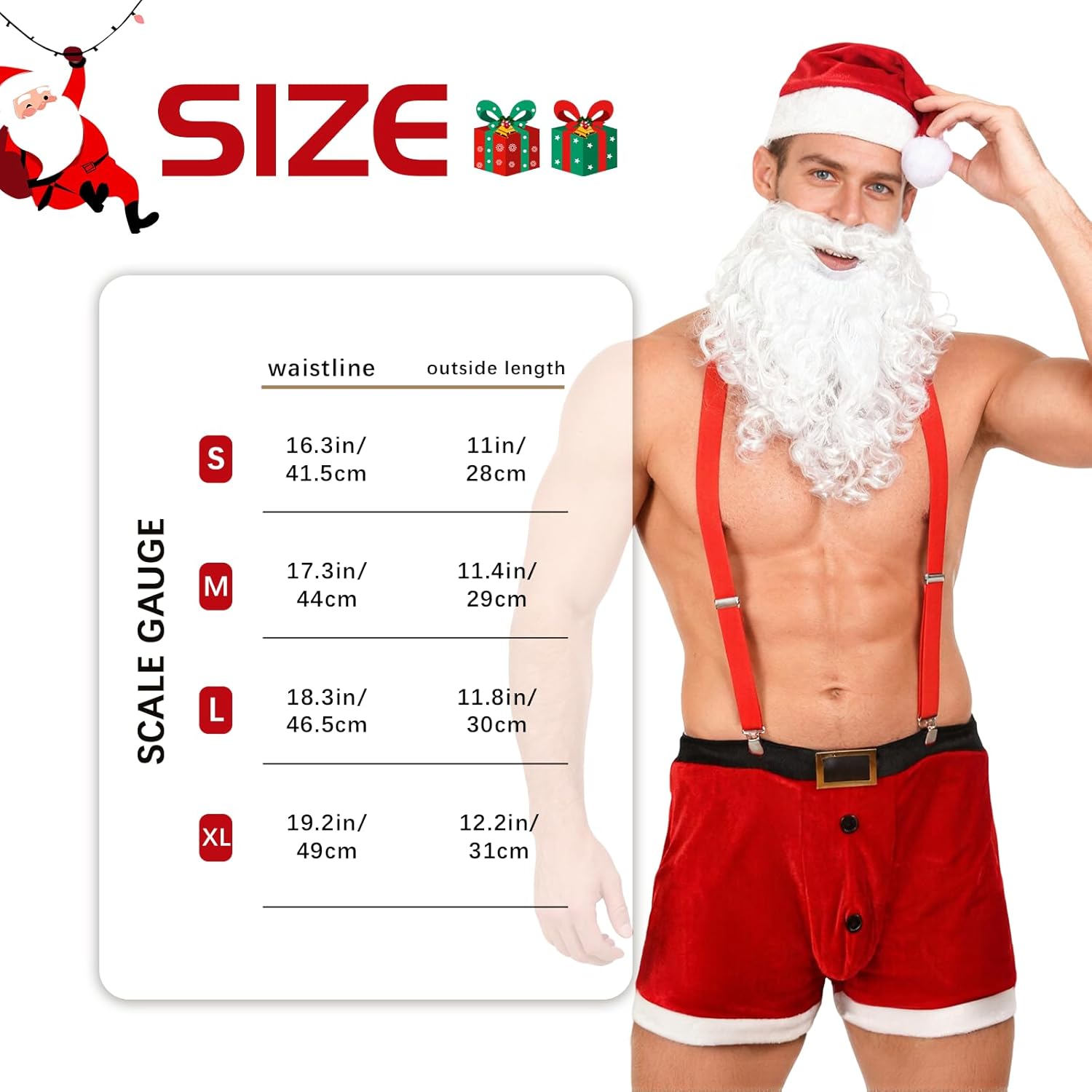 VZQI Mens Sexy Santa Costume Festive Red Velvet Shorts Set Suspenders Christmas Hat and Bell/Beard - Image 6