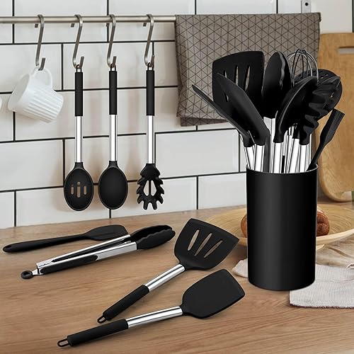 Miniatura 7 de TeamFar Juego de 14 utensilios de cocina de silicona, con mango de acero inoxidable, para freír, servir, voltear y escurrir, no tóxico y resistente