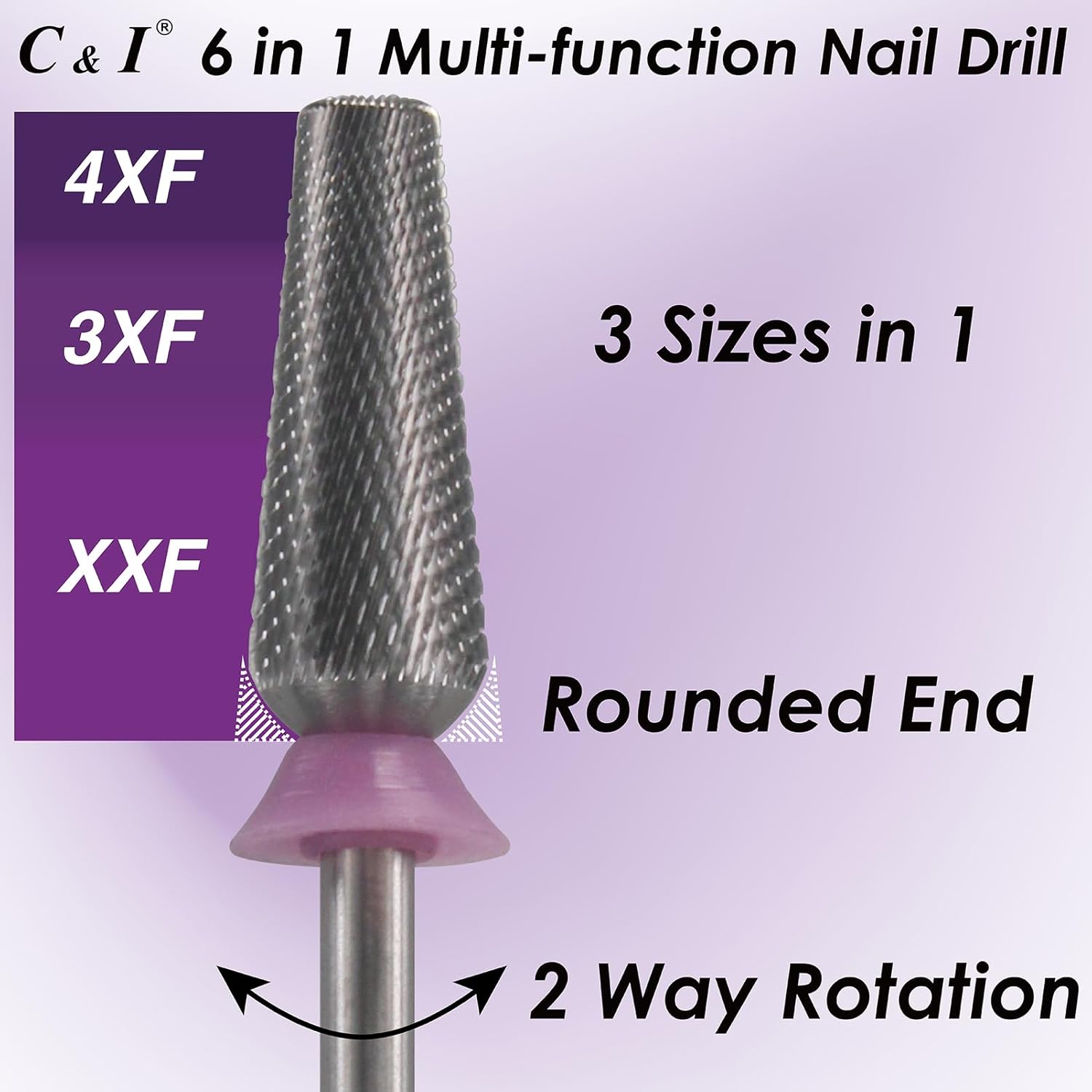 C & I Nail Drill Bit 6 in 1 Multi-function Rounded End E File, Tungsten Steel CNC Overall Cutting, Manicure Tool for Nail Tech Quick Remove Nail Gels, Acrylic Nails (Original, Double Fine -XXF)