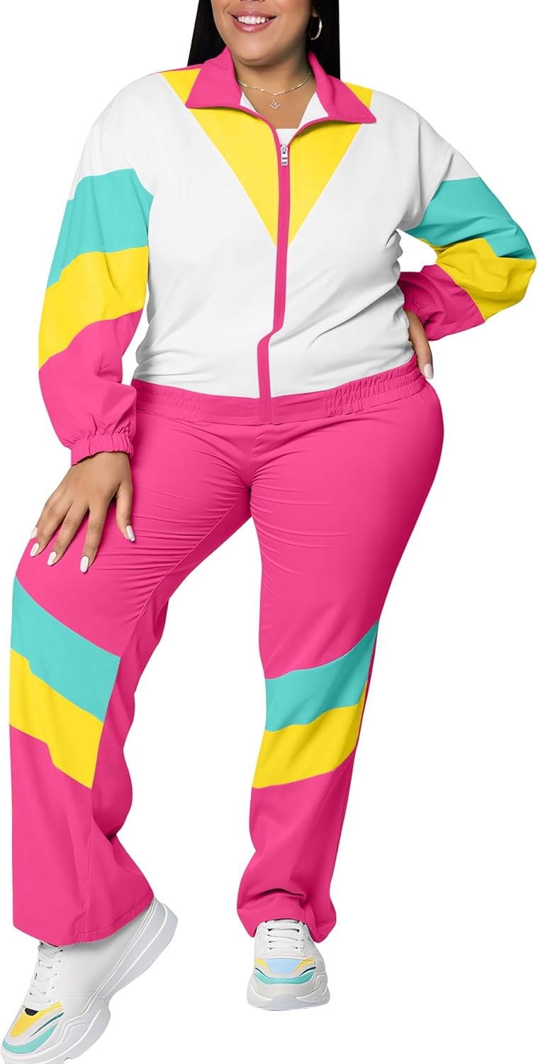 UOUA Plus Size 80s Outfit for Women 90s Costume Long Sleeves Windbreaker 2 Piece Party Tracksuit