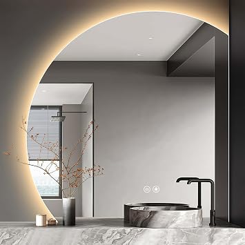 100 100cm Half Moon-Bathroom-Mirror-with-LED-Lights, 3 Colour Dimmable, Anti-Fog, Memory, Smart Bathroom Wall-Mounted-Mirror, HD Tempered Glass, IP66, Asymmetrical, Decoration [Energy Class E]