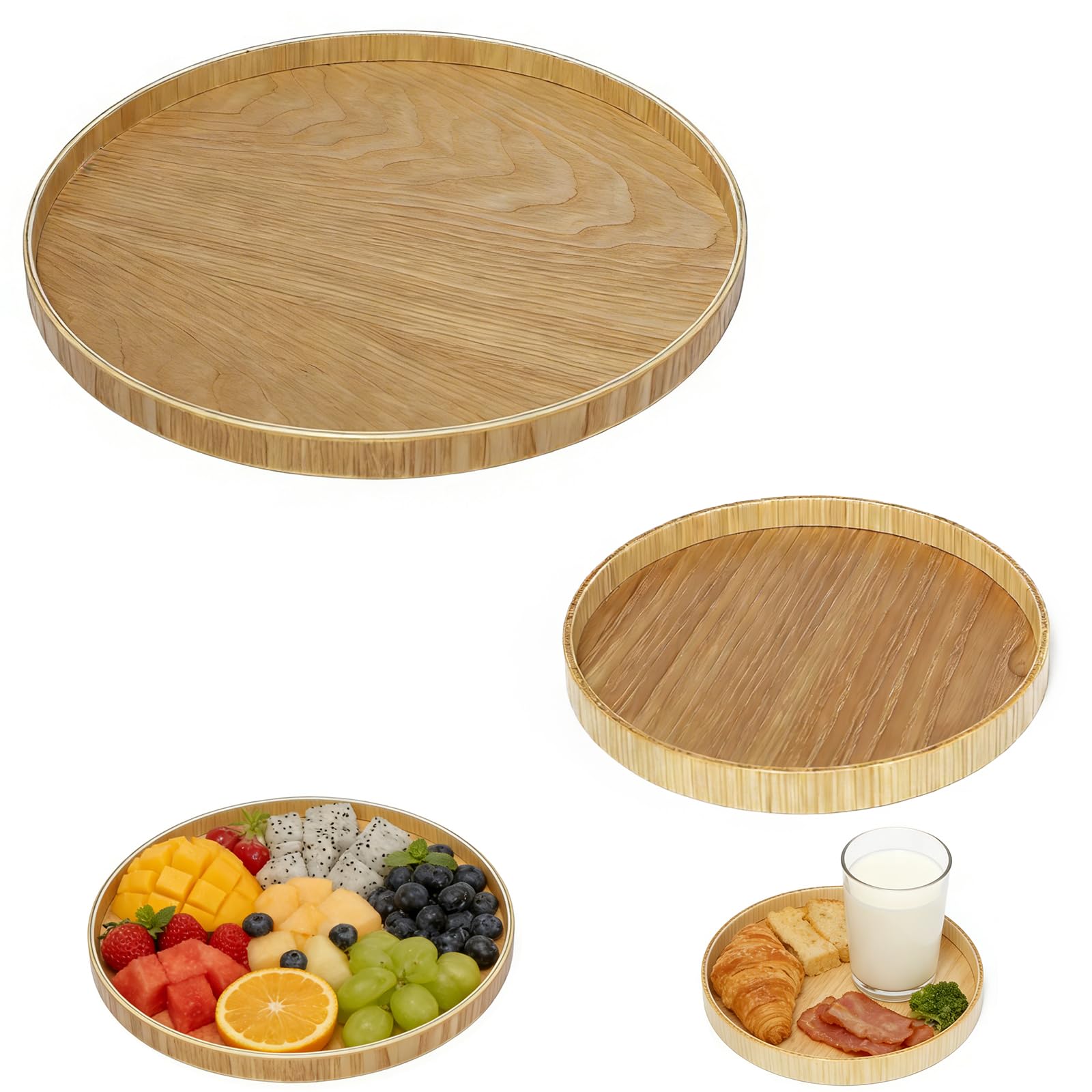 Neikafan 2 Pcs Wooden Tray Round 30/20cm Decorative Serving Tray for Coffee
