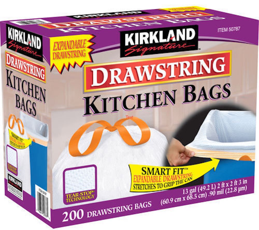 Kirkland Signature 13 Gallon 200 Ct Carton 100 recyclable Heavy Duty Drawstring Kitchen Trash Bags Garbage Bag White