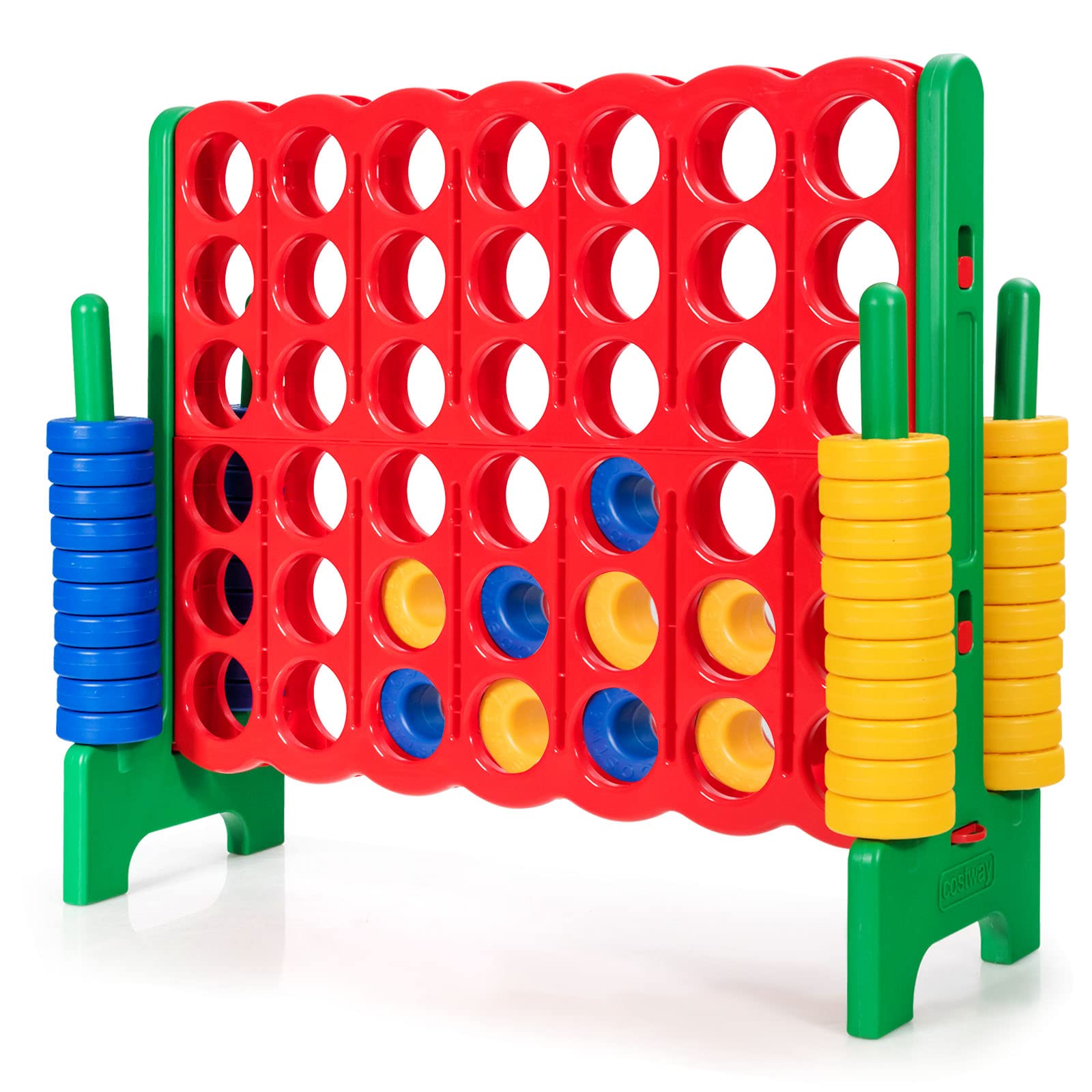 GYMAX Giant Four in a Row, 4 to Score Jumbo Game with 42 Rings & Quick-Release Slider, Outdoor Connect 4 Family Games for Kids Adults (Green+Red)