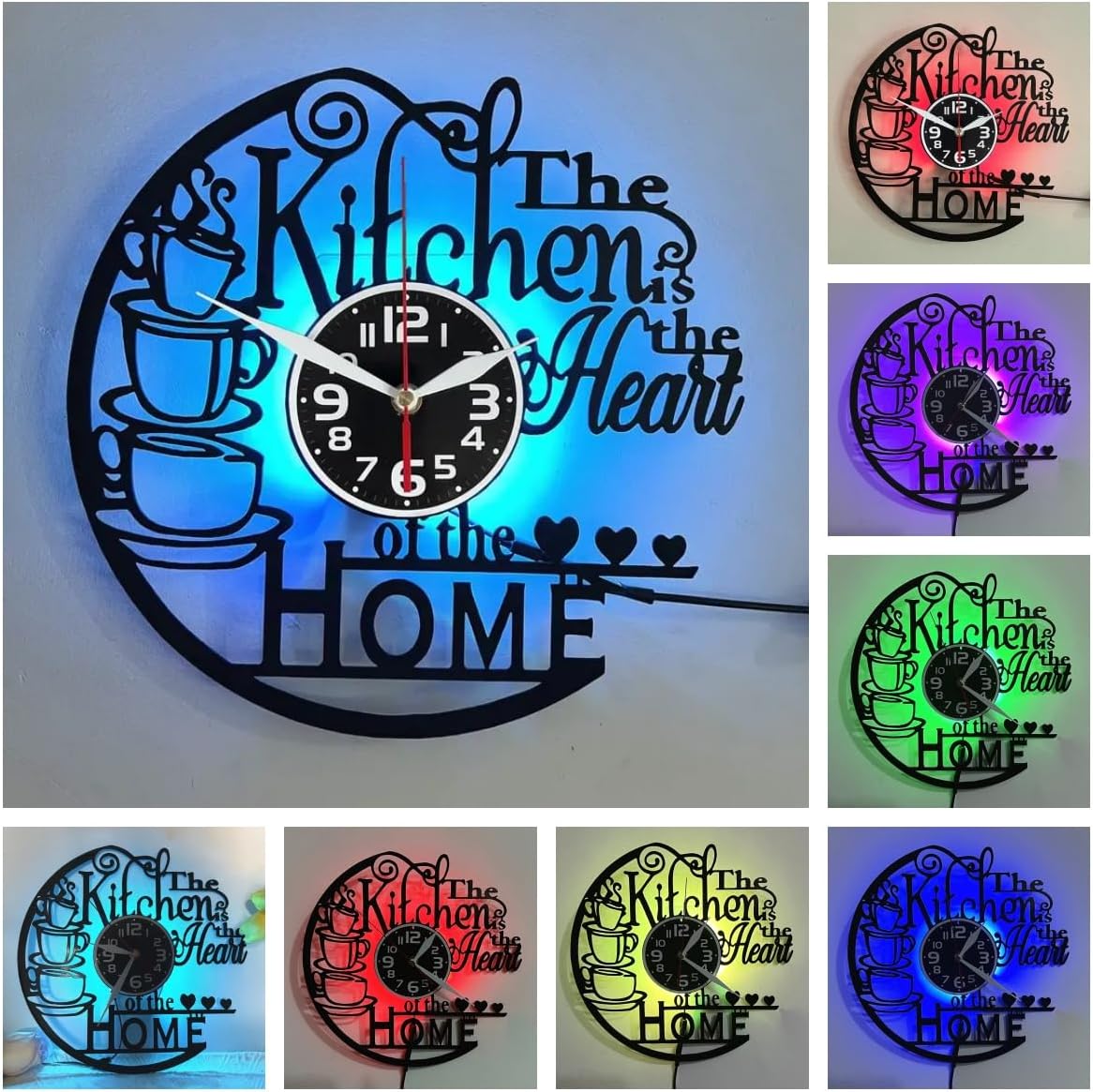 Vinyl Wall Clock with 7-Color LED, The Kitchen is The Heart of The Home Design – Perfect for Living Room, Bedroom, Kitchen, Office, Bar & Cafe Decor, Living Room (Home Kitchen- LED Clock)