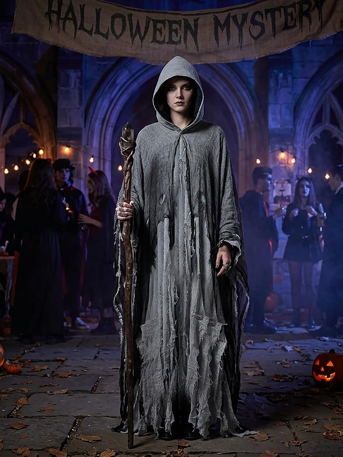 Hooded Cloak, Scary Grim Reaper Costume, Halloween Ghost Costumes adults, Cloak with Hood for Men Women, Party Props