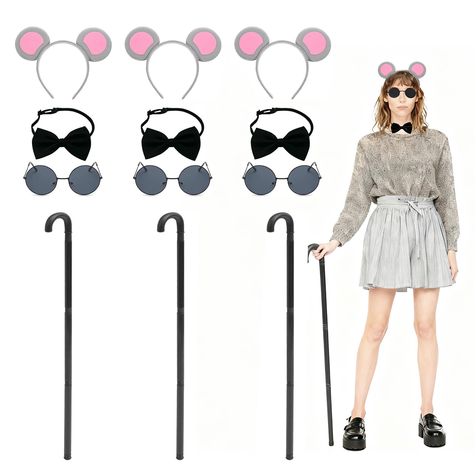 Buyzzus 12PCS Mouse Costume Accessories with Mouse Ears Headband, Blind Cane, Round Black Glasses, Bow Tie Animal Costume Accessories Outfit for Cosplay Birthday Party