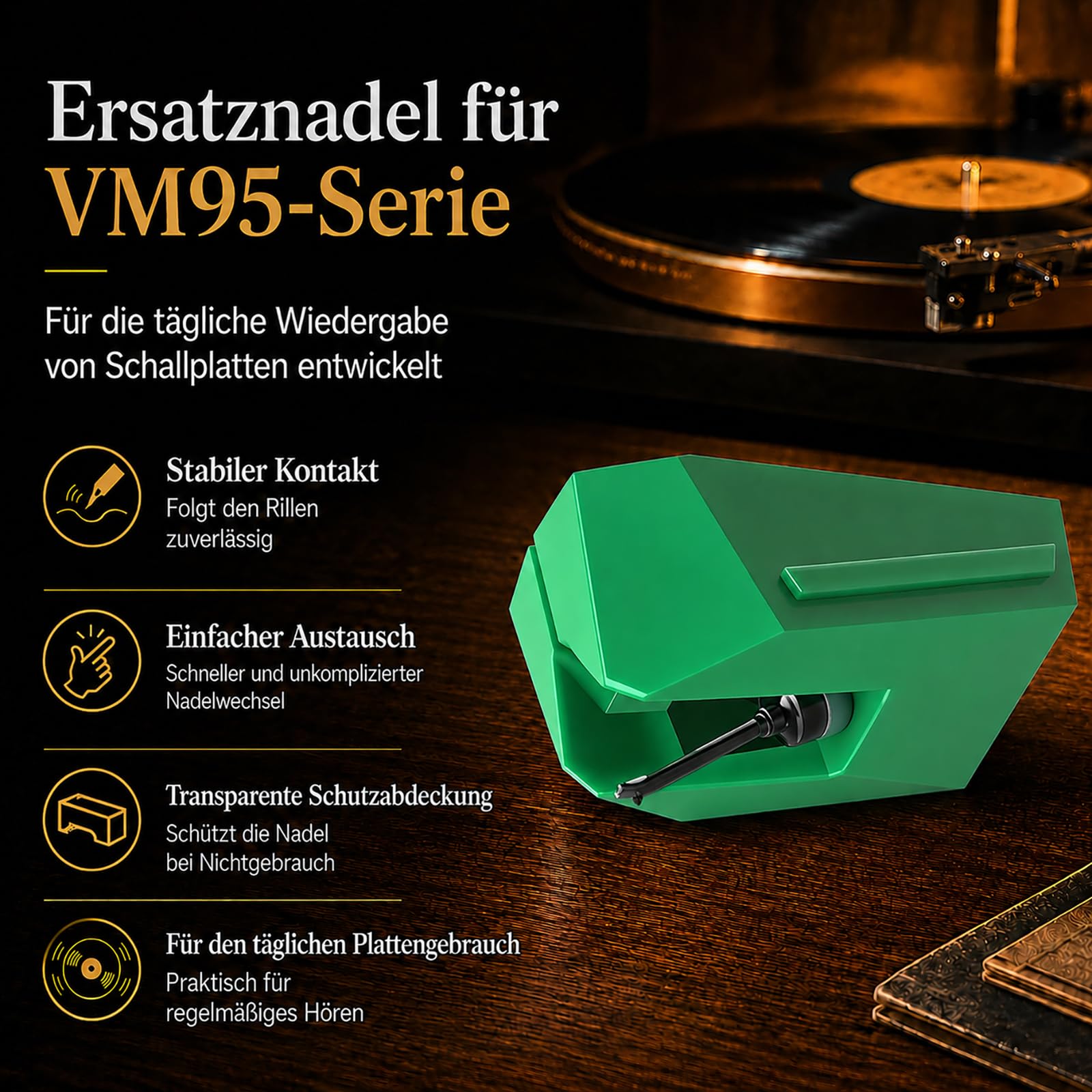 Ersatznadel für Plattenspieler kompatibel mit VM95 Serie, Diamantspitze Vinyl Nadel, Einfache Montage, Schont Schallplatten, Hochwertiger Tonabnehmer Ersatz für VM95C/E/EN/ML/SH (Grün)