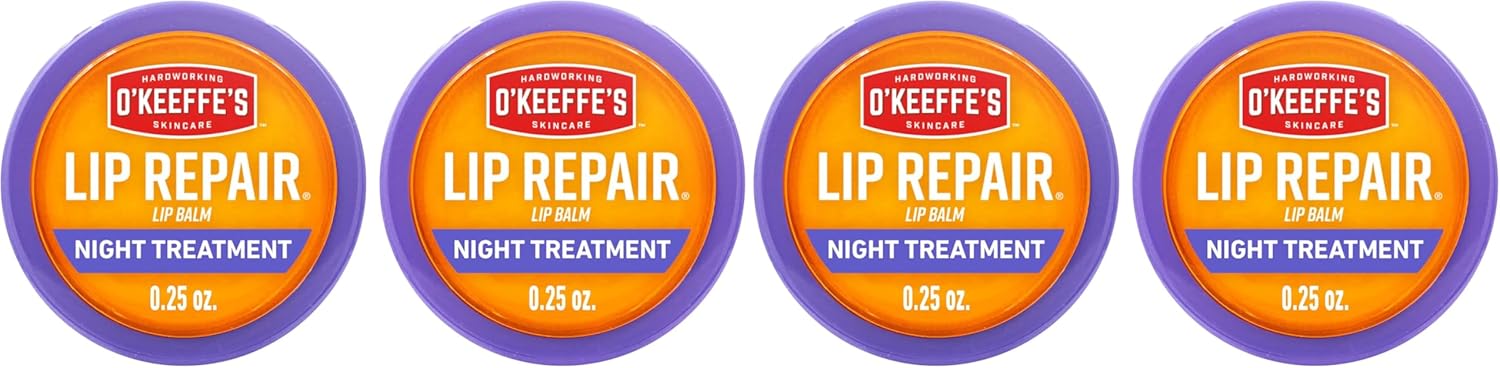 O'Keeffe's Lip Repair Night Treatment Lip Balm for Dry,Cracked Lips - 0.25 Ounce Jar - Moisturizer for Extremely Cracked,Dry Lips,(Pack of 4)