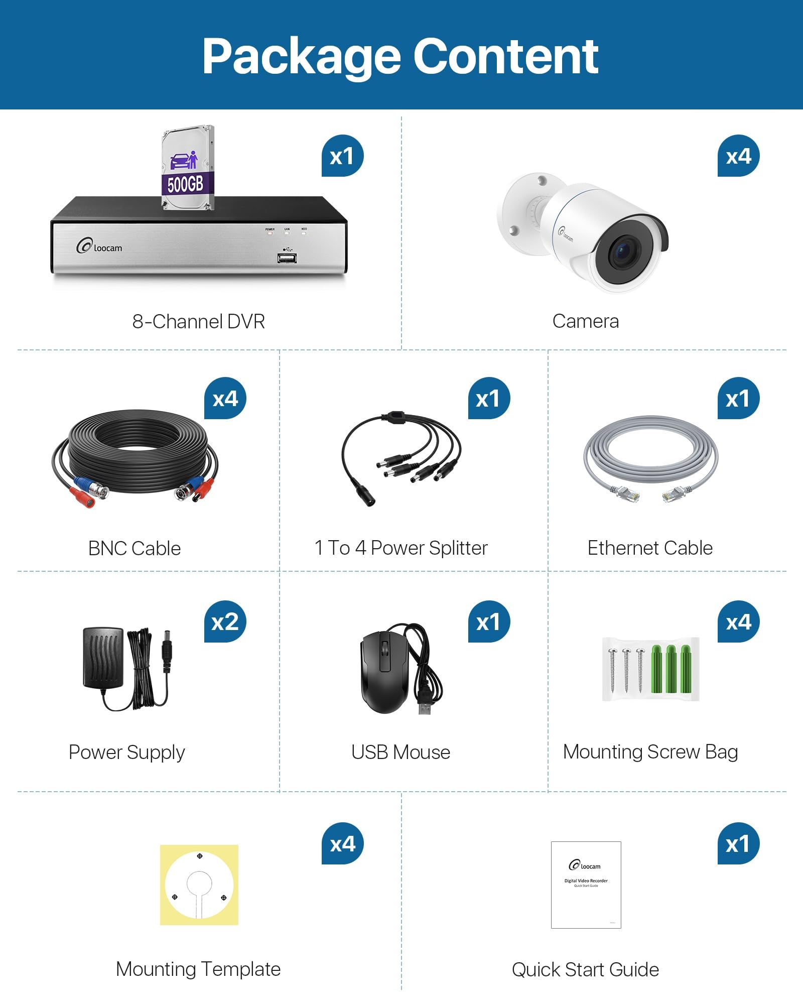 Loocam Kit de Videovigilancia 5MP Lite 8CH H.265+ Grabador DVR 500GB | 4 Cámaras de Seguridad 2MP, Interior/Exterior, Detección AI Humana/Vehicular, Visión Nocturna IR, Acceso Remoto