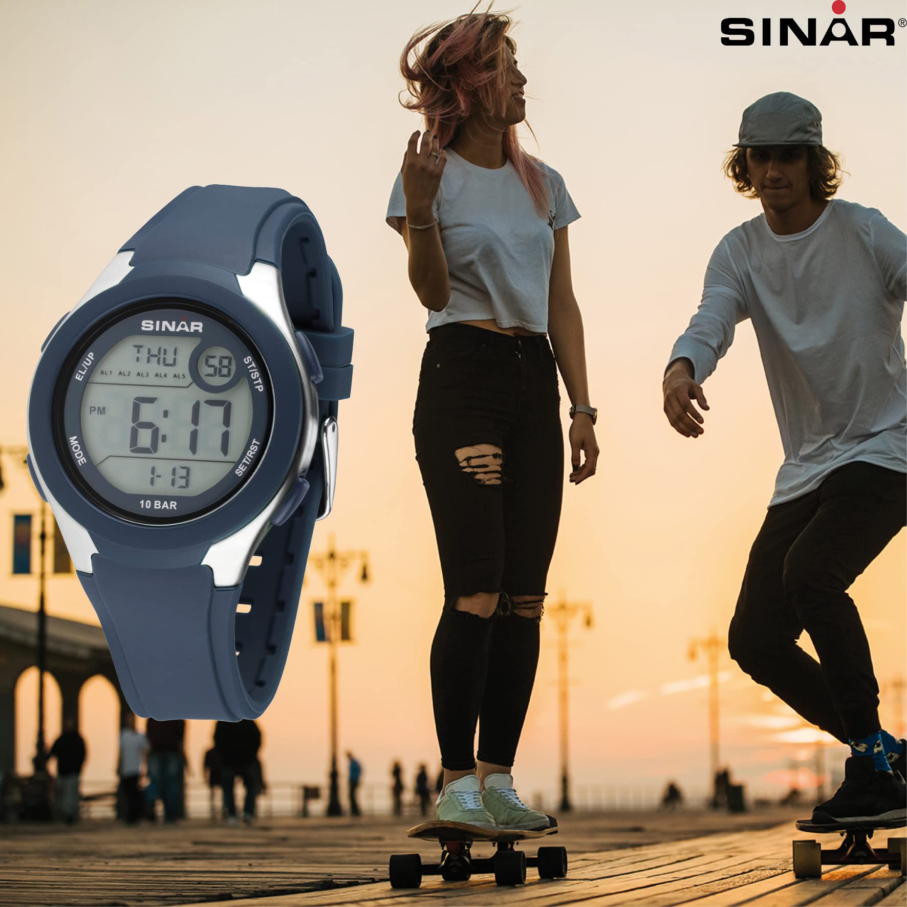 SINAR Zegarek damski męski młodzieżowy zegarek na rękę unisex zegarek sportowy outdoor cyfrowy kwarcowy 10 bar z silikonowym paskiem, 5 alarmów i światła ciemnoniebieski XV-19-2