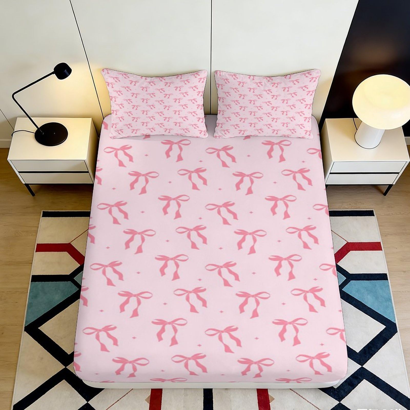 Qjzxknhpgr Style-9 3D Printed Pink Ribbon Fitted Sheet Microfiber Soft Bedroom Decor Bow Pattern Mattress Cover For Home Guest Room Easy Care 90X200x25cm