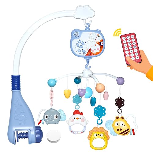 JAWOJOWA Móvil para cuna de bebé con música y luces nocturnas, móvil para cuna con rotación, control remoto, proyección, juguetes de cuna para