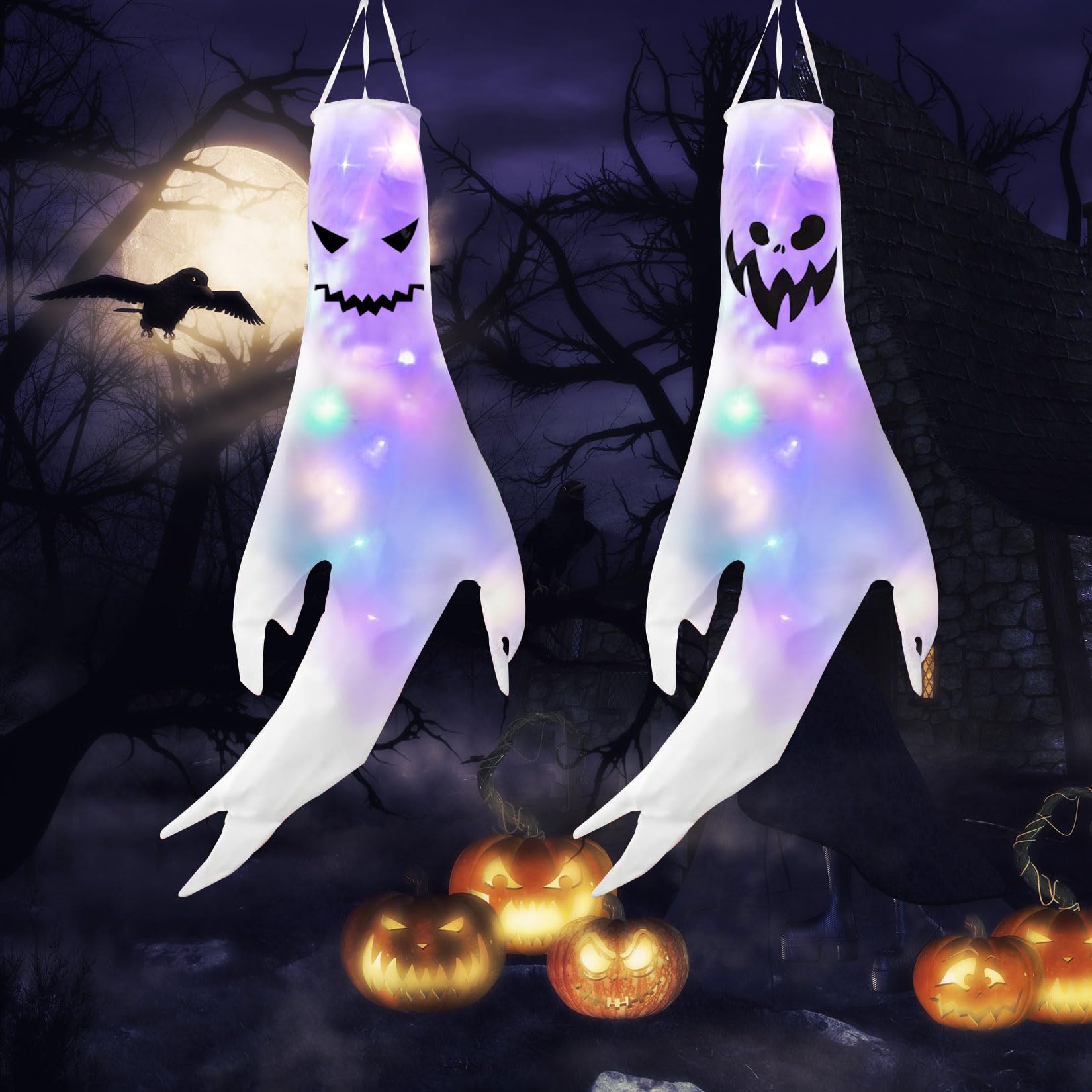 Herbst 2 unidades de decoración de Halloween, 140 x 57 cm, bolsas de viento colgantes, bandera fantasma, decoración de Halloween, decoración al aire libre para interior con diseño de cara de fantasma