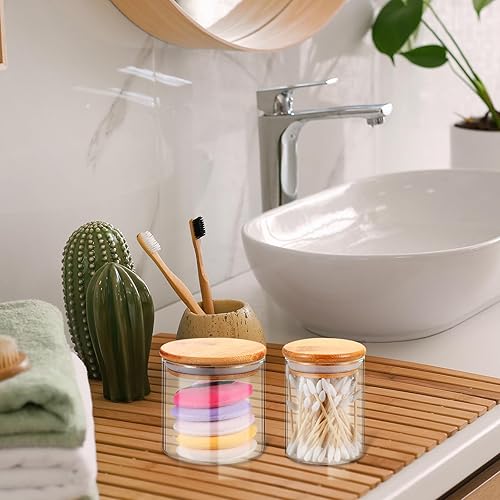 Miniatura 5 de Dandat Paquete de 6 tarros de vidrio con tapas, tarros de bambú para baño, almohadilla de bolas de algodón, dispensador de hisopos redondos,