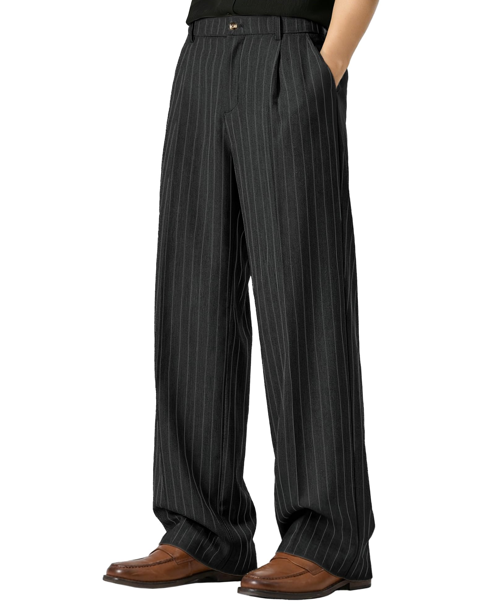 Susclude Mens Pinstripe Casual Dress Pants Old Money Wide Leg Baggy Pleated Slacks Elastic Wasist Loose Fit Work