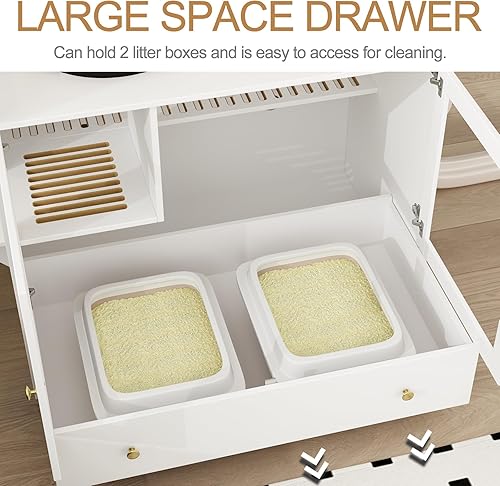 Miniatura 4 de MOOLIVE Caja de arena grande para gatos, mueble oculto para gatos con cajón y pasarela de fugas de arena, casa de gato de madera para dormitorio,