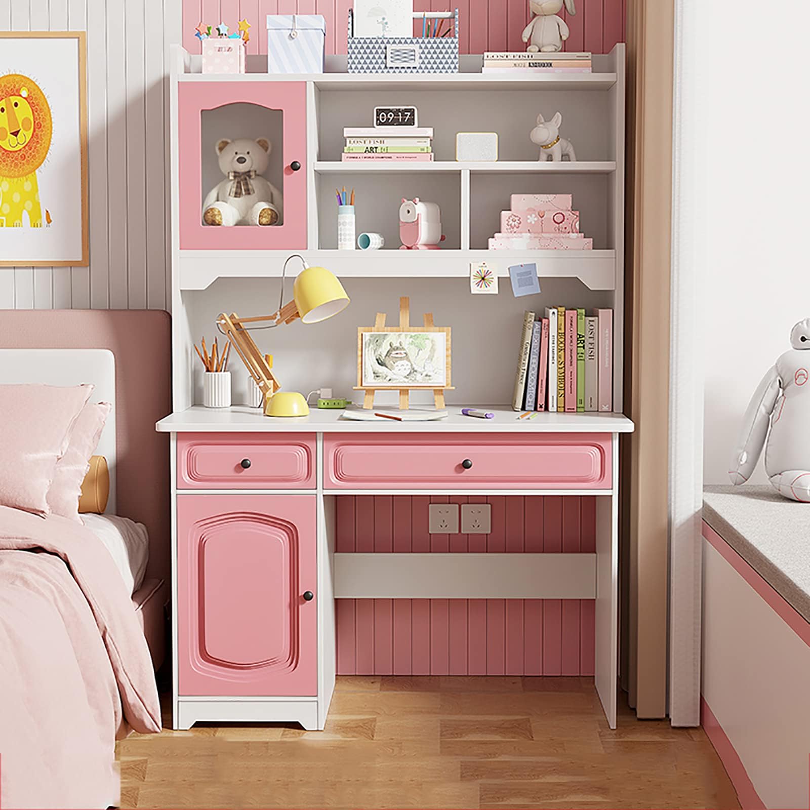 Study Desk with Hutch and Bookshelf,Wooden Computer Desk Home Office Desk Teenager Desk with Shelves and Drawers,Cute Writing Study Desk Bookshelf Combo for Girl Boy(31.5inch, Pink)