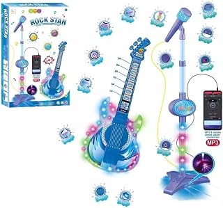 Juego de guitarra y micrófono para niños, juguetes de guitarra con música y luz colorida, micrófono de altura ajustable con soporte (azul)