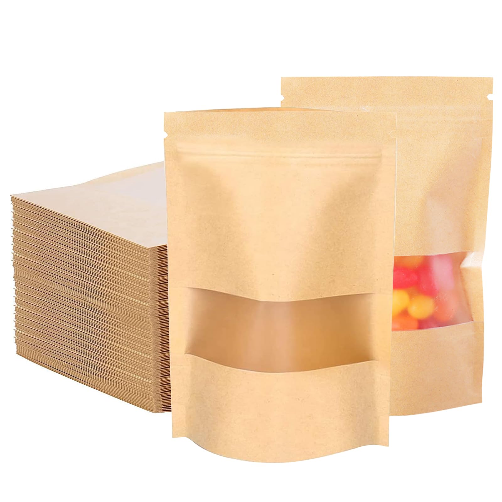 Bomxmon Strength 100 Pcs Kraft Pouches With Window, Kraft Bags With Resealable, Stand Up Food Bags For Cookie Tea Candy Nut Spices