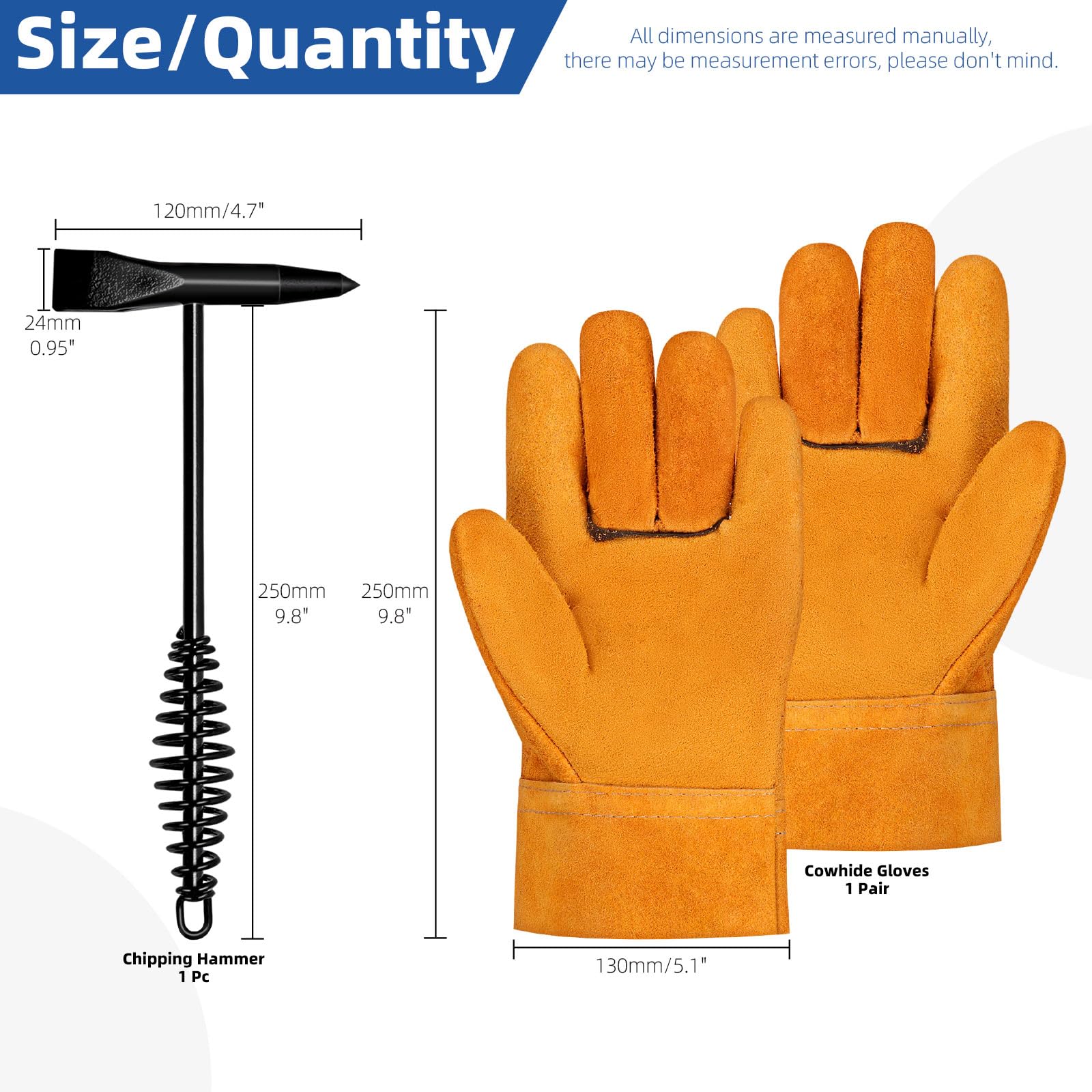 Glarks Set di 2 martelli per saldatura da 250 mm, con manico a molla elicoidale e un paio di guanti per saldatura, set di strumenti per la rimozione di scorie e residui di saldatura
