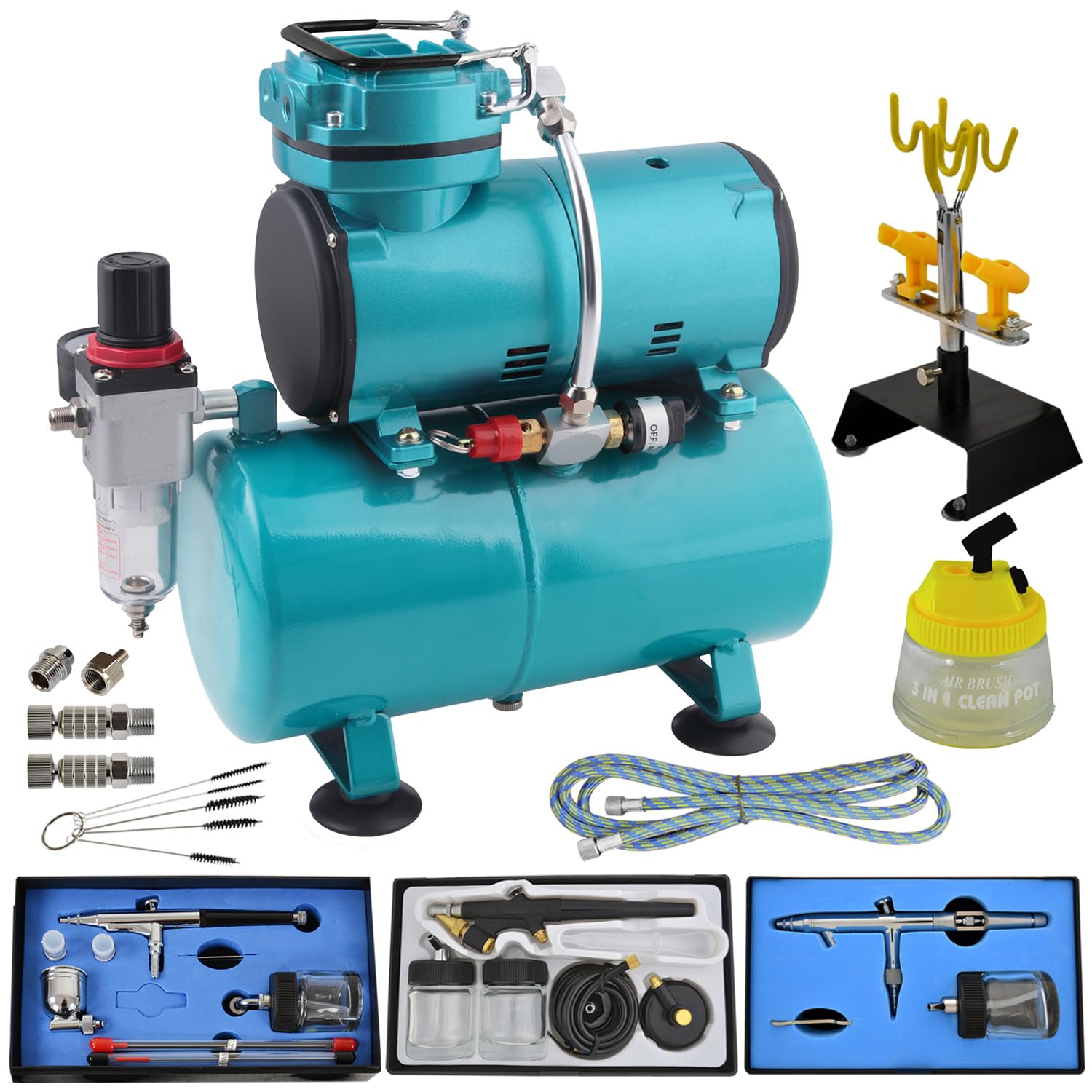 AIRBRUSH-SET UNIVERSAL II=DAS KOMPLETT-SET mit Airbrush Kompressor, hochwertigen PISTOLEN, HALTER, Kompressor-3L TANK, SCHNELLKUPPLUNGEN CLEANING POT, Schlauch und Reinigungsbürsten