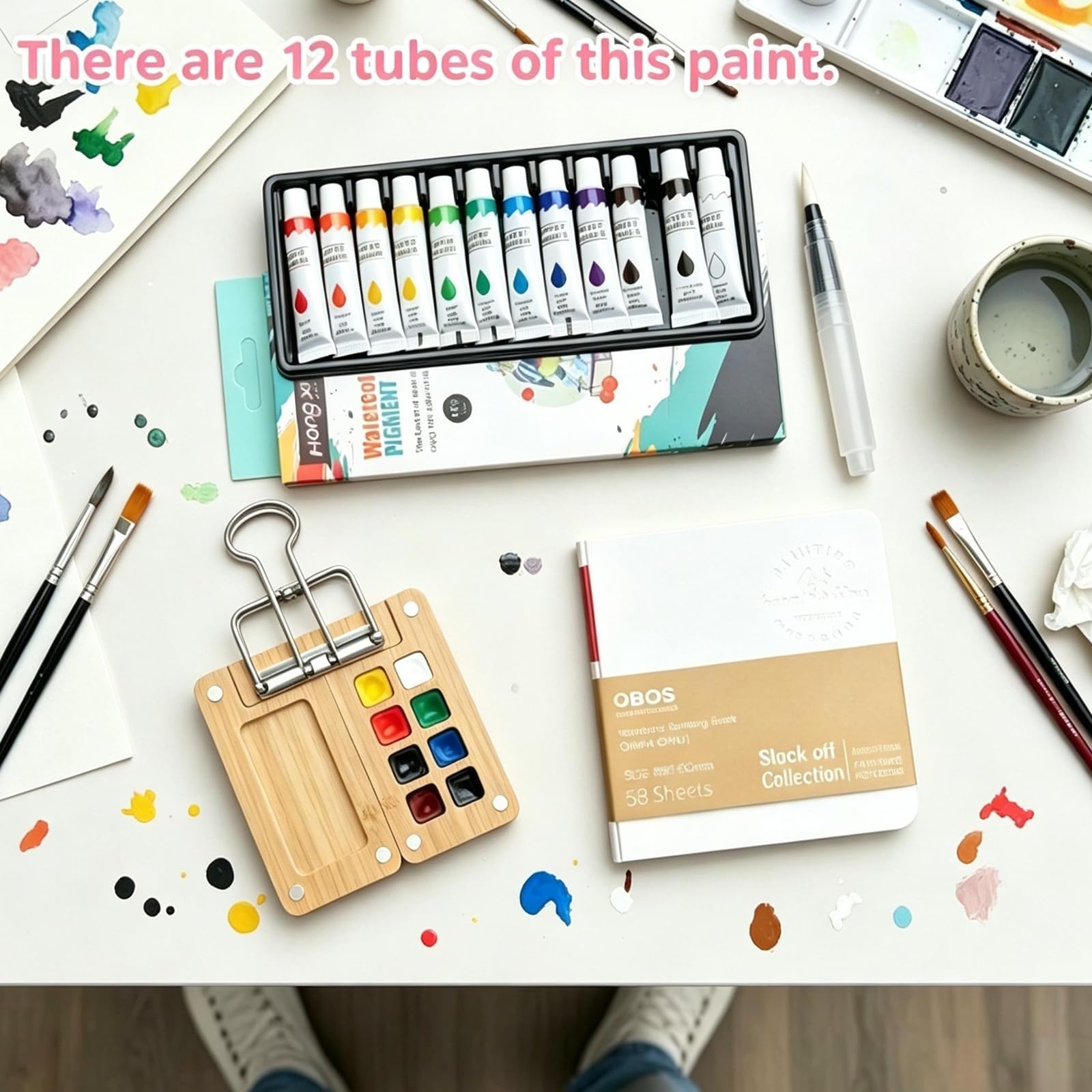 5 Mini Aquarell Travel Set, 8-Fächer Pocket Aquarell Set aus Bambus, Tobios faltbares Aquarellset, für Maler, Künstler und Studenten (inkl. Skizzenbuch, Palette, Metallklammer, Pinsel, Farben)