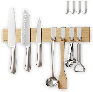 ELEVEXA Magnetic Knife Holder 16 Inch| Organic Acacia Wood Magnetic Knife Strip with Lesser Scratch Visibility|Magnetic Knife Holder w/Strong Magnetism Comes w/Adhesive Tape & Screw Mount (With HOOKS)
