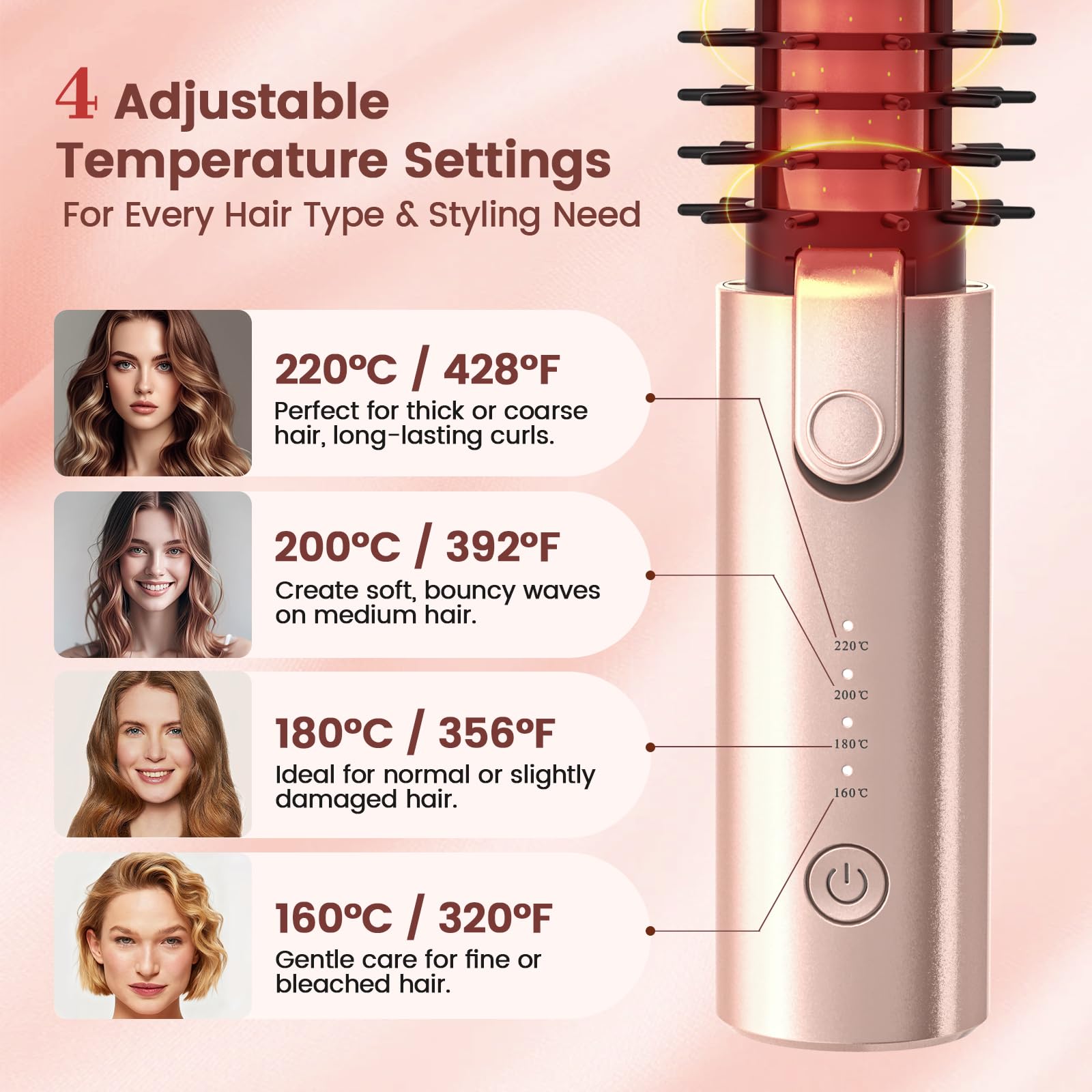 Youbella Cepillo rizador de cabello inalámbrico, rizador de pelo portátil de viaje, mini cepillo redondo calentado de 1.5 pulgadas, varita alisadora recargable por USB 3 en 1 para peinar y alisar, 200