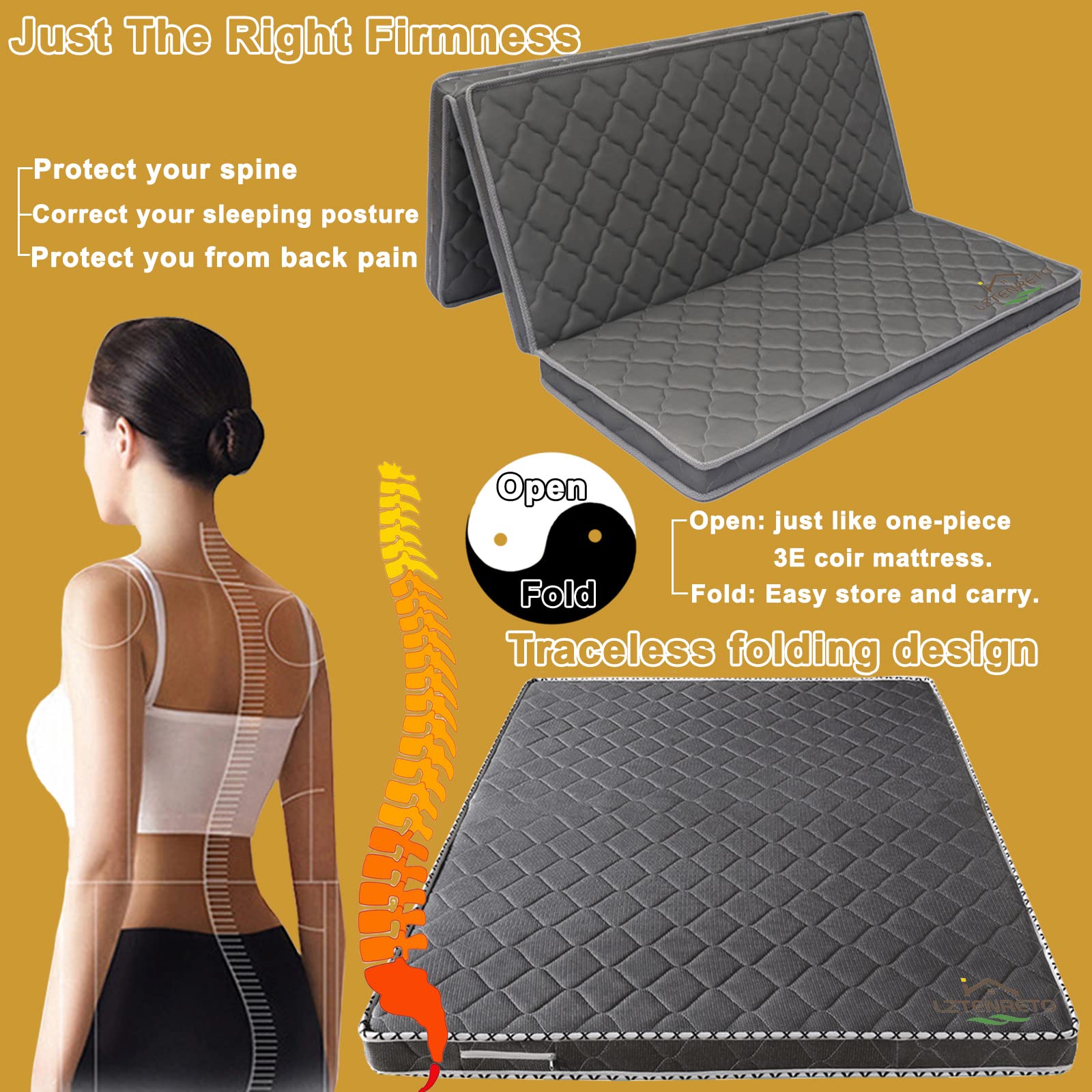 LZTENRETO Firm Coconut Coir Mattress, 3E Quiet Palm Mattress Pad, Thick Foldable Mattress in 6cm,9cm,11cm (Black,Queen 6cm)