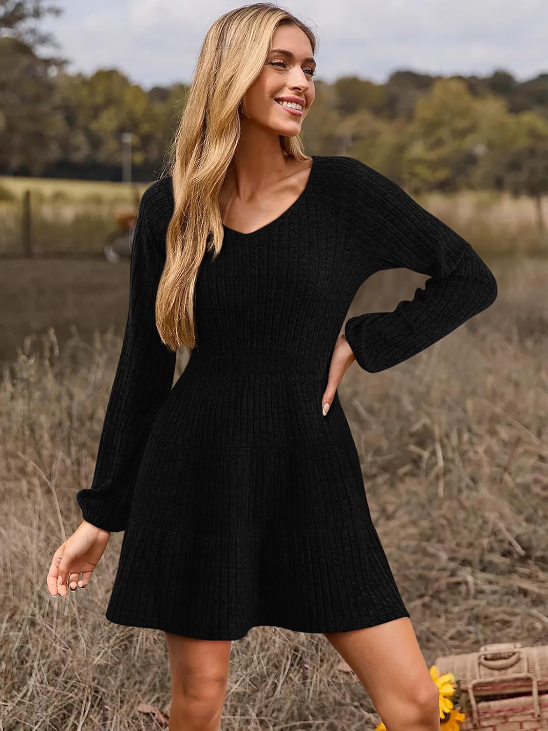 Women's Long Sleeve V Neck Sweater Dress Ribbed Knit Casual Babydoll Tiered Short Mini Fall Tunic Dresses - Image 6