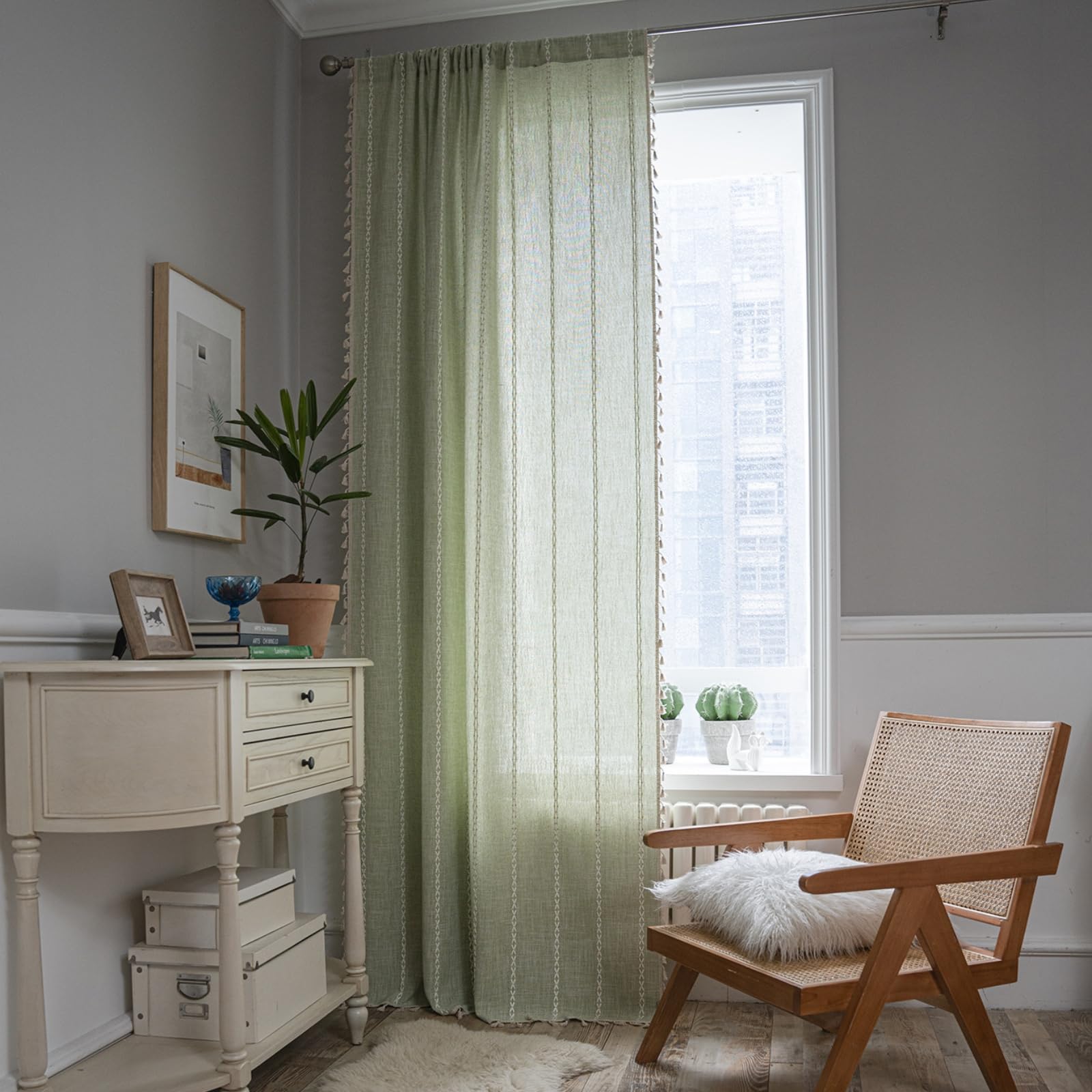 USTIDE Boho Curtains for Bedroom Living Room 84 Inches Long Soft Cotton Linen Embroidery Window Curtain Panel Farmhouse Semi Blackout Curtains with Tassel 1 Panel 52" W x 84" L - Image 2