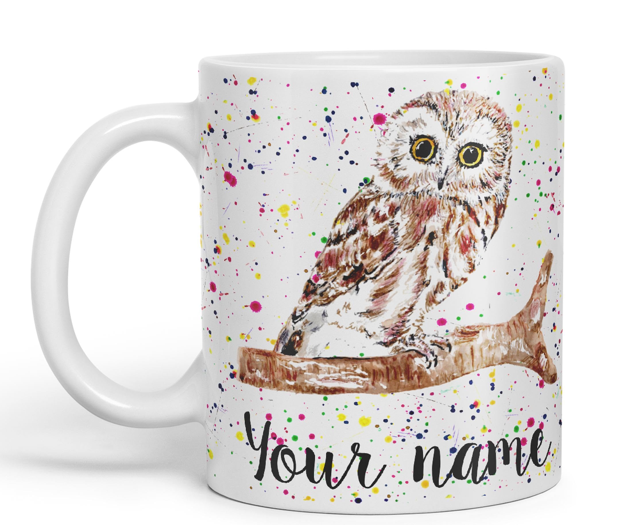 Vixar Personalised with Your Text Owl Bird Watercolour Art Coloured Ceramic Mug Cup Gift 330ml 11oz Custom Work Office Tea Coffee (O2) (White)