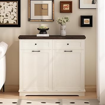 Double Tilt Out Trash Cabinet with Two Drawers,Solid Wood Tabletop Free Standing RecyclingTrash Storage Cabinet for Kitchen, Laundry Room White with 2Doors 2Drawers