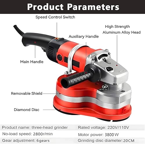Miniatura 3 de Máquina pulidora de diamante eléctrica 3800W, lijadora y amoladora de hormigón de 3 cabezales, Polisseuse à Béton, Cepilladora de cemento con 6