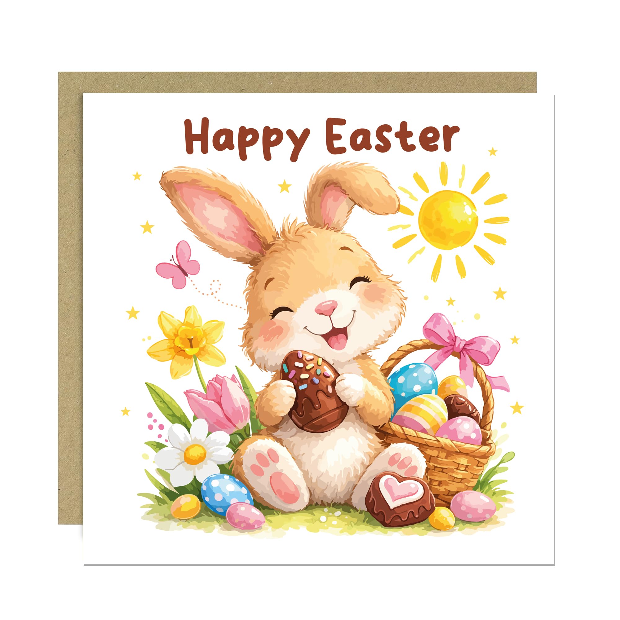 RED OCEAN Happy Easter Greetings Cards For Kids and Children Cute Easter Bunny Card For Friends Family Teachers Spring Flowers Design 145x145mm With Kraft Envelope