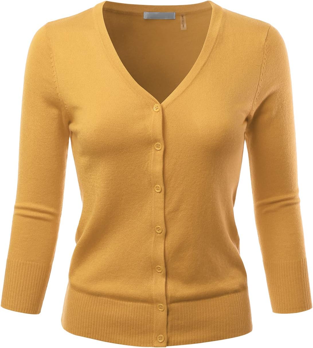 EIMIN Women's 3/4 Sleeve V-Neck Button Down Stretch Knit Cardigan Sweater (S-3X)