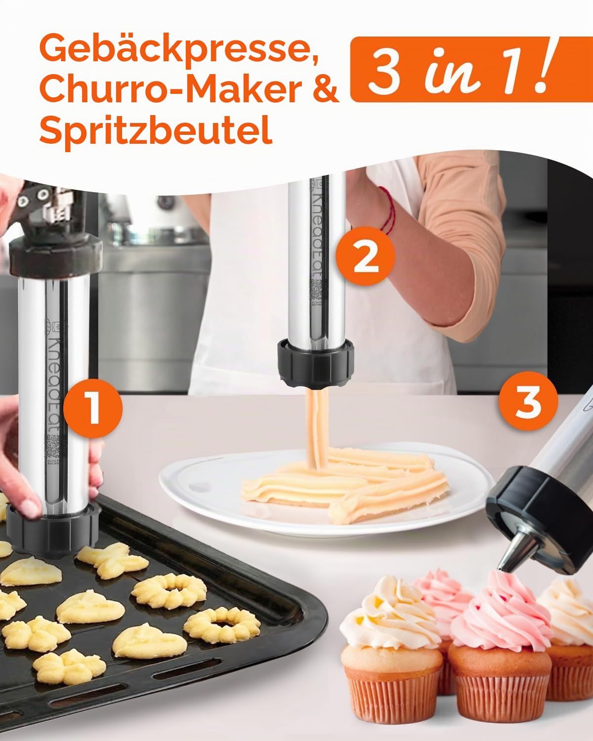 KneadEat Premium Churro Maker Spritz Cookie Press Gun Kit & Icing Gun 12 Cookie and Churro Discs 48 Piping Tips XL Filler, Piping Bag 2 Brushes, Perfect for Churros, Cookies and Cake Decorating.