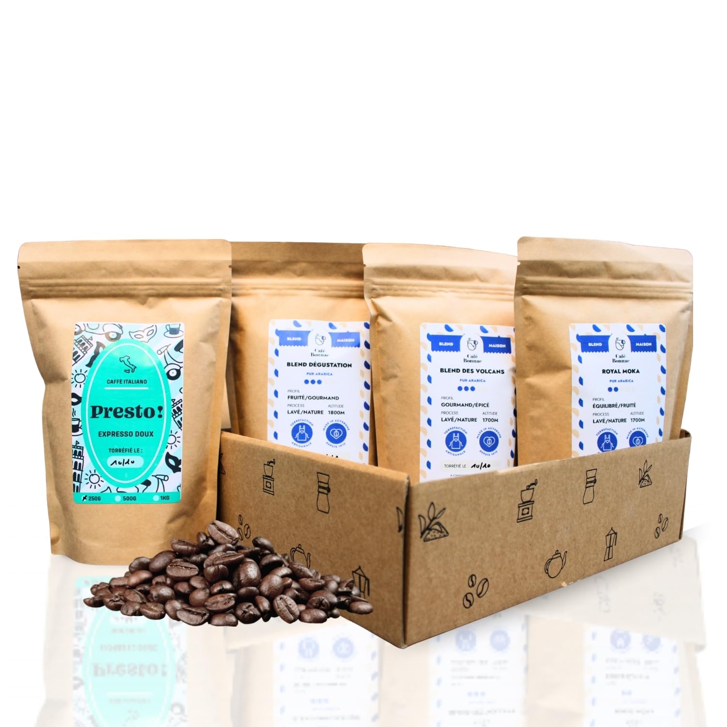 Café Bonnac – Coffret Découverte Cafés Blends – Café en Grain – 4x250g – 100% Arabica – Origines Éthiopie, Brésil & Colombie – Torréfaction Artisanale Française – Idéal Cadeau