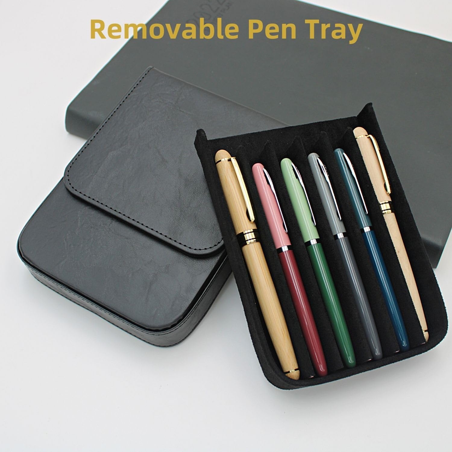 6Slots Füllfederhalter-Sammler-Organizer – handgefertigtes Stifteetui, Seniorenleder-Stift-Schutzhülle, Stift-Aufbewahrung, Geschenk-Box (schwarz)