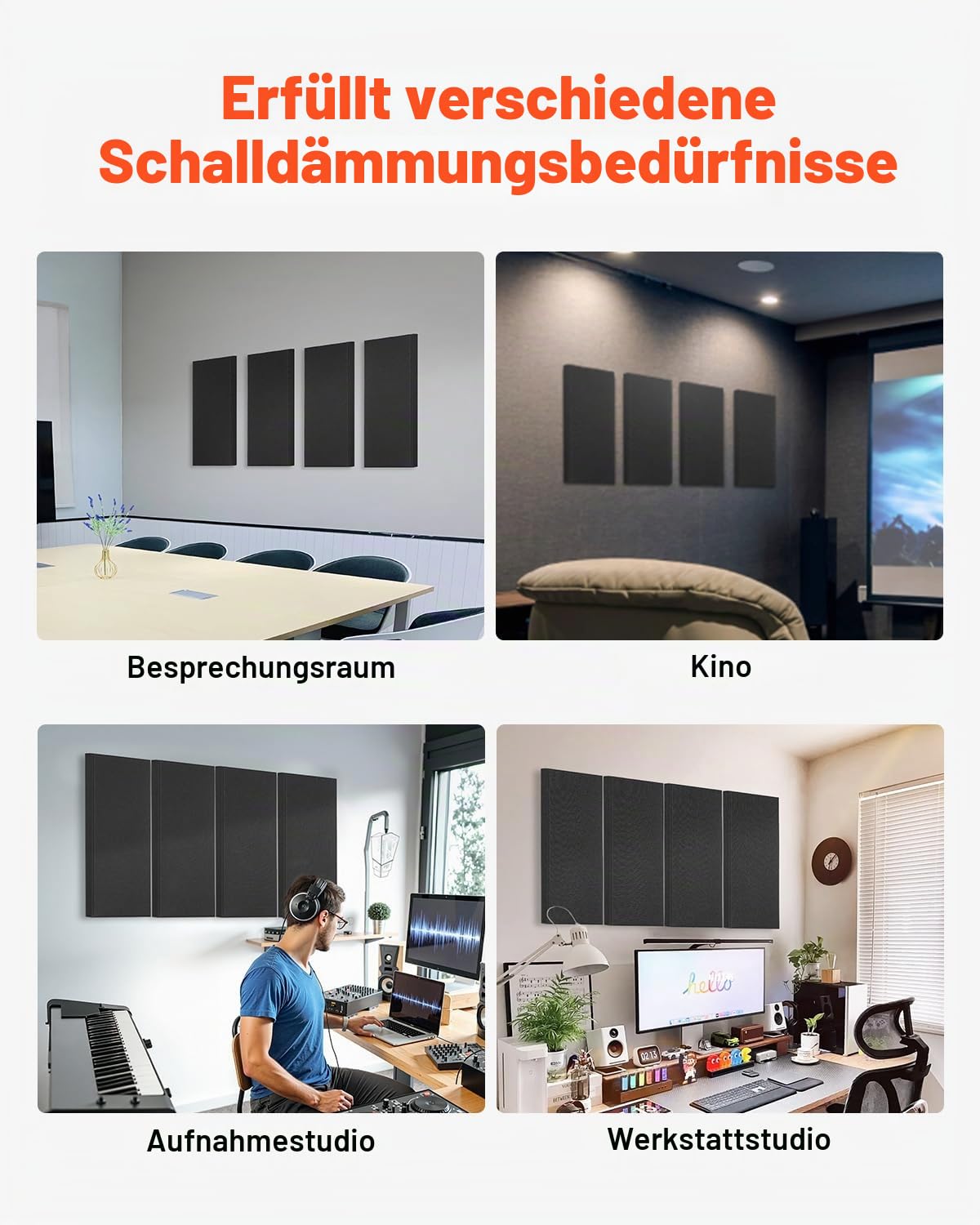 VEVOR Akustikpaneele, 4 Stück, 600x300x50 mm, Fiberglas, schallabsorbierende Platten, selbstklebende, Akustik Wandpaneele, für Studios, Büros, Heimkinos, Konferenzräume, Schwarz